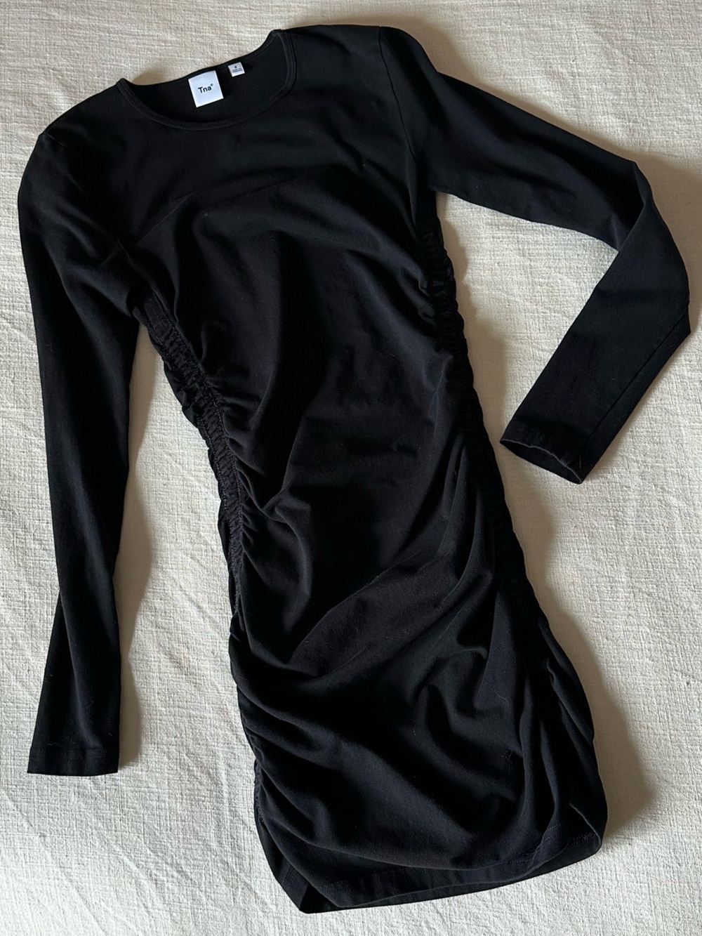 TNA Aritzia Black Long Sleeve Ruched Mini Dress Size Small
